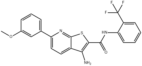 3-amino-6-(3-methoxyphenyl)-N-[2-(trifluoromethyl)phenyl]thieno[2,3-b]pyridine-2-carboxamide Struktur