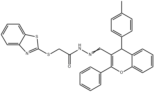 2-(1,3-benzothiazol-2-ylsulfanyl)-N'-{[4-(4-methylphenyl)-2-phenyl-4H-chromen-3-yl]methylene}acetohydrazide Struktur