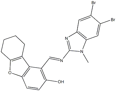 1-{[(5,6-dibromo-1-methyl-1H-benzimidazol-2-yl)imino]methyl}-6,7,8,9-tetrahydrodibenzo[b,d]furan-2-ol Struktur