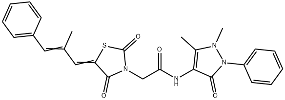 N-(1,5-dimethyl-3-oxo-2-phenyl-2,3-dihydro-1H-pyrazol-4-yl)-2-[5-(2-methyl-3-phenyl-2-propenylidene)-2,4-dioxo-1,3-thiazolidin-3-yl]acetamide Struktur