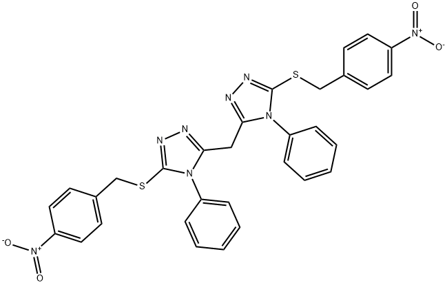 3-({4-nitrobenzyl}sulfanyl)-5-{[5-({4-nitrobenzyl}sulfanyl)-4-phenyl-4H-1,2,4-triazol-3-yl]methyl}-4-phenyl-4H-1,2,4-triazole Struktur