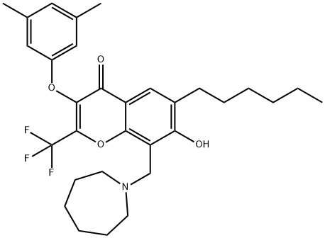 8-(1-azepanylmethyl)-3-(3,5-dimethylphenoxy)-6-hexyl-7-hydroxy-2-(trifluoromethyl)-4H-chromen-4-one Struktur