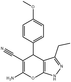 6-amino-3-ethyl-4-(4-methoxyphenyl)-1,4-dihydropyrano[2,3-c]pyrazole-5-carbonitrile Struktur