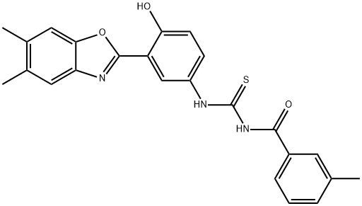 N-[3-(5,6-dimethyl-1,3-benzoxazol-2-yl)-4-hydroxyphenyl]-N'-(3-methylbenzoyl)thiourea Struktur