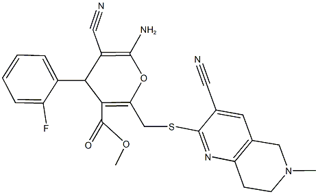 methyl 6-amino-5-cyano-2-{[(3-cyano-6-methyl-5,6,7,8-tetrahydro[1,6]naphthyridin-2-yl)sulfanyl]methyl}-4-(2-fluorophenyl)-4H-pyran-3-carboxylate Struktur