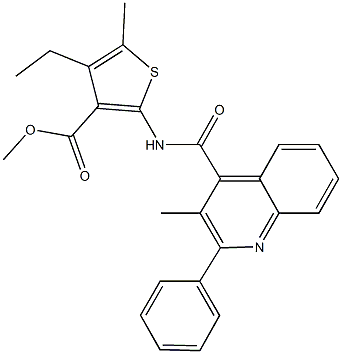 methyl 4-ethyl-5-methyl-2-{[(3-methyl-2-phenyl-4-quinolinyl)carbonyl]amino}-3-thiophenecarboxylate Struktur