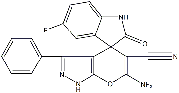 6-amino-5-cyano-5'-fluoro-2'-oxo-3-phenyl-1,1',3',4-tetrahydrospiro(pyrano[2,3-c]pyrazole-4,3'-[2'H]-indole) Struktur