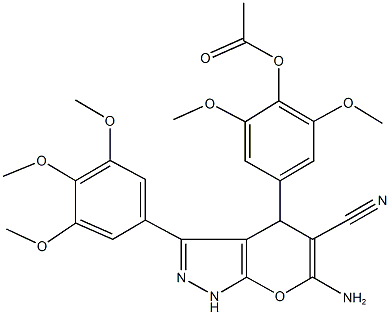 4-[6-amino-5-cyano-3-(3,4,5-trimethoxyphenyl)-1,4-dihydropyrano[2,3-c]pyrazol-4-yl]-2,6-dimethoxyphenyl acetate Struktur