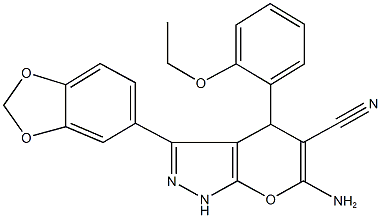 6-amino-3-(1,3-benzodioxol-5-yl)-4-(2-ethoxyphenyl)-1,4-dihydropyrano[2,3-c]pyrazole-5-carbonitrile Struktur