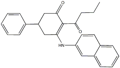 2-butyryl-3-(2-naphthylamino)-5-phenyl-2-cyclohexen-1-one Struktur