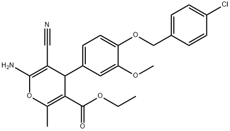 ethyl 6-amino-4-{4-[(4-chlorobenzyl)oxy]-3-methoxyphenyl}-5-cyano-2-methyl-4H-pyran-3-carboxylate Struktur