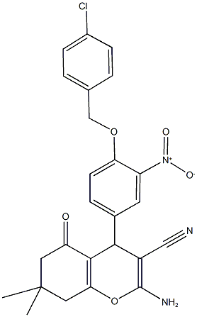 2-amino-4-{4-[(4-chlorobenzyl)oxy]-3-nitrophenyl}-7,7-dimethyl-5-oxo-5,6,7,8-tetrahydro-4H-chromene-3-carbonitrile Struktur