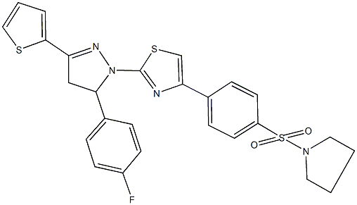 2-[5-(4-fluorophenyl)-3-(2-thienyl)-4,5-dihydro-1H-pyrazol-1-yl]-4-[4-(1-pyrrolidinylsulfonyl)phenyl]-1,3-thiazole Struktur