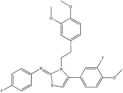 N-(3-[2-(3,4-dimethoxyphenyl)ethyl]-4-(3-fluoro-4-methoxyphenyl)-1,3-thiazol-2(3H)-ylidene)-N-(4-fluorophenyl)amine Struktur