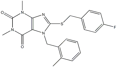 8-{[(4-fluorophenyl)methyl]sulfanyl}-1,3-dimethyl-7-[(2-methylphenyl)methyl]-3,7-dihydro-1H-purine-2,6-dione Struktur