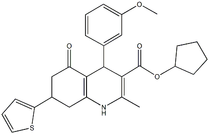 cyclopentyl 4-(3-methoxyphenyl)-2-methyl-5-oxo-7-(2-thienyl)-1,4,5,6,7,8-hexahydro-3-quinolinecarboxylate Struktur