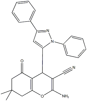 2-amino-4-(1,3-diphenyl-1H-pyrazol-5-yl)-7,7-dimethyl-5-oxo-5,6,7,8-tetrahydro-4H-chromene-3-carbonitrile Struktur