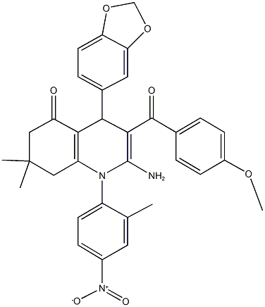 2-amino-4-(1,3-benzodioxol-5-yl)-1-{4-nitro-2-methylphenyl}-3-(4-methoxybenzoyl)-7,7-dimethyl-4,6,7,8-tetrahydroquinolin-5(1H)-one Struktur