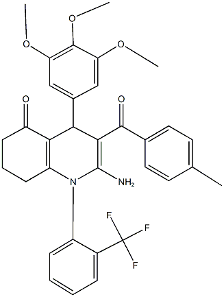 2-amino-3-(4-methylbenzoyl)-1-[2-(trifluoromethyl)phenyl]-4-(3,4,5-trimethoxyphenyl)-4,6,7,8-tetrahydro-5(1H)-quinolinone Struktur