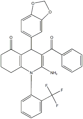 2-amino-4-(1,3-benzodioxol-5-yl)-3-benzoyl-1-[2-(trifluoromethyl)phenyl]-4,6,7,8-tetrahydro-5(1H)-quinolinone Struktur