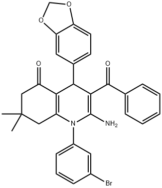 2-amino-4-(1,3-benzodioxol-5-yl)-3-benzoyl-1-(3-bromophenyl)-7,7-dimethyl-4,6,7,8-tetrahydroquinolin-5(1H)-one Struktur