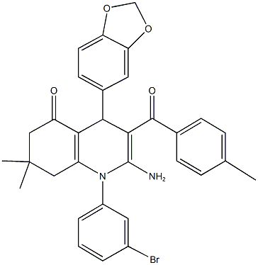 2-amino-4-(1,3-benzodioxol-5-yl)-1-(3-bromophenyl)-7,7-dimethyl-3-(4-methylbenzoyl)-4,6,7,8-tetrahydro-5(1H)-quinolinone Struktur