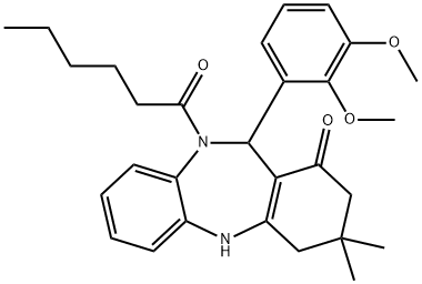 11-(2,3-dimethoxyphenyl)-10-hexanoyl-3,3-dimethyl-2,3,4,5,10,11-hexahydro-1H-dibenzo[b,e][1,4]diazepin-1-one Struktur