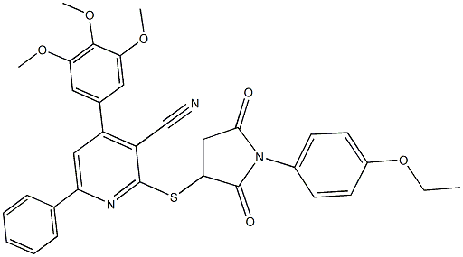 2-{[1-(4-ethoxyphenyl)-2,5-dioxo-3-pyrrolidinyl]sulfanyl}-6-phenyl-4-(3,4,5-trimethoxyphenyl)nicotinonitrile Struktur