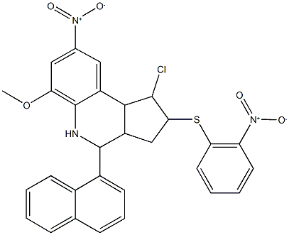 1-chloro-8-nitro-2-({2-nitrophenyl}sulfanyl)-6-methoxy-4-(1-naphthyl)-2,3,3a,4,5,9b-hexahydro-1H-cyclopenta[c]quinoline Struktur