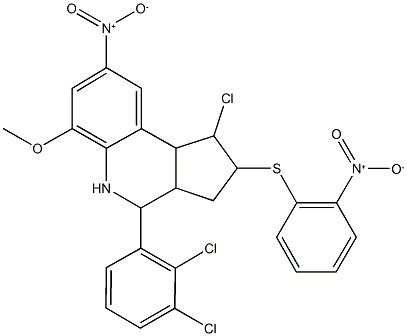 1-chloro-4-(2,3-dichlorophenyl)-8-nitro-2-({2-nitrophenyl}sulfanyl)-6-methoxy-2,3,3a,4,5,9b-hexahydro-1H-cyclopenta[c]quinoline Struktur