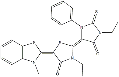 3-ethyl-2-(1-ethyl-5-oxo-3-phenyl-2-thioxo-4-imidazolidinylidene)-5-(3-methyl-1,3-benzothiazol-2(3H)-ylidene)-1,3-thiazolidin-4-one Struktur