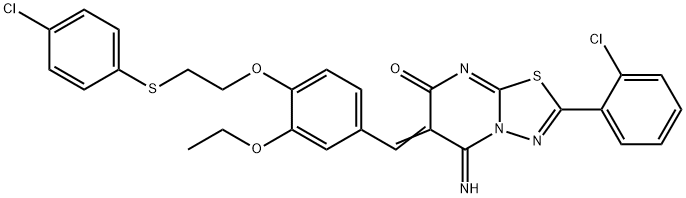 2-(2-chlorophenyl)-6-(4-{2-[(4-chlorophenyl)sulfanyl]ethoxy}-3-ethoxybenzylidene)-5-imino-5,6-dihydro-7H-[1,3,4]thiadiazolo[3,2-a]pyrimidin-7-one Struktur