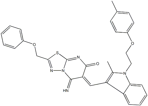 5-imino-6-({2-methyl-1-[2-(4-methylphenoxy)ethyl]-1H-indol-3-yl}methylene)-2-(phenoxymethyl)-5,6-dihydro-7H-[1,3,4]thiadiazolo[3,2-a]pyrimidin-7-one Struktur