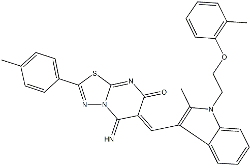 5-imino-6-({2-methyl-1-[2-(2-methylphenoxy)ethyl]-1H-indol-3-yl}methylene)-2-(4-methylphenyl)-5,6-dihydro-7H-[1,3,4]thiadiazolo[3,2-a]pyrimidin-7-one Struktur