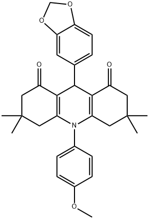 9-(1,3-benzodioxol-5-yl)-10-(4-methoxyphenyl)-3,3,6,6-tetramethyl-3,4,6,7,9,10-hexahydro-1,8(2H,5H)-acridinedione Struktur