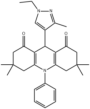 9-(1-ethyl-3-methyl-1H-pyrazol-4-yl)-3,3,6,6-tetramethyl-10-phenyl-3,4,6,7,9,10-hexahydro-1,8(2H,5H)-acridinedione Struktur