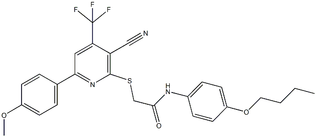 N-(4-butoxyphenyl)-2-{[3-cyano-6-(4-methoxyphenyl)-4-(trifluoromethyl)-2-pyridinyl]sulfanyl}acetamide Struktur