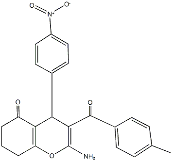 2-amino-4-{4-nitrophenyl}-3-(4-methylbenzoyl)-4,6,7,8-tetrahydro-5H-chromen-5-one Struktur