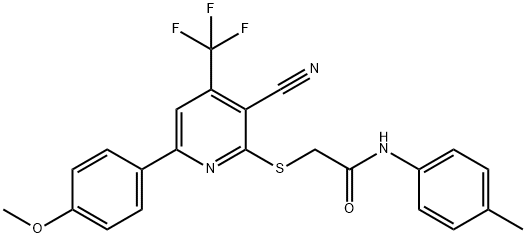 2-{[3-cyano-6-(4-methoxyphenyl)-4-(trifluoromethyl)-2-pyridinyl]sulfanyl}-N-(4-methylphenyl)acetamide Struktur