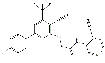 2-{[3-cyano-6-(4-methoxyphenyl)-4-(trifluoromethyl)-2-pyridinyl]sulfanyl}-N-(2-cyanophenyl)acetamide Struktur