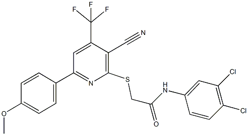 2-{[3-cyano-6-(4-methoxyphenyl)-4-(trifluoromethyl)-2-pyridinyl]sulfanyl}-N-(3,4-dichlorophenyl)acetamide Struktur