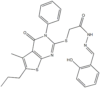 N'-(2-hydroxybenzylidene)-2-[(5-methyl-4-oxo-3-phenyl-6-propyl-3,4-dihydrothieno[2,3-d]pyrimidin-2-yl)sulfanyl]acetohydrazide Struktur