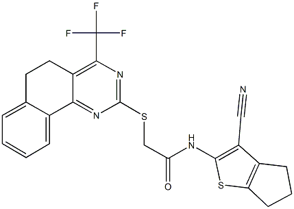 N-(3-cyano-5,6-dihydro-4H-cyclopenta[b]thien-2-yl)-2-{[4-(trifluoromethyl)-5,6-dihydrobenzo[h]quinazolin-2-yl]sulfanyl}acetamide Struktur