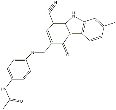 N-(4-{[(4-cyano-3,7-dimethyl-1-oxo-1,5-dihydropyrido[1,2-a]benzimidazol-2-yl)methylene]amino}phenyl)acetamide Struktur