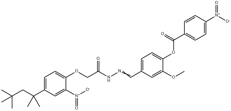 4-(2-{[2-nitro-4-(1,1,3,3-tetramethylbutyl)phenoxy]acetyl}carbohydrazonoyl)-2-methoxyphenyl 4-nitrobenzoate Struktur