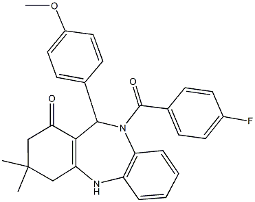 10-(4-fluorobenzoyl)-11-(4-methoxyphenyl)-3,3-dimethyl-2,3,4,5,10,11-hexahydro-1H-dibenzo[b,e][1,4]diazepin-1-one Struktur