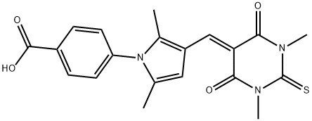 4-{3-[(1,3-dimethyl-4,6-dioxo-2-thioxotetrahydro-5(2H)-pyrimidinylidene)methyl]-2,5-dimethyl-1H-pyrrol-1-yl}benzoic acid Struktur