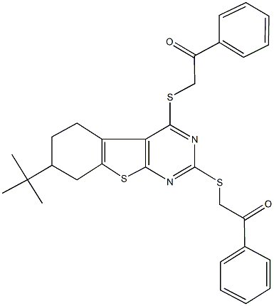 2-({7-tert-butyl-2-[(2-oxo-2-phenylethyl)sulfanyl]-5,6,7,8-tetrahydro[1]benzothieno[2,3-d]pyrimidin-4-yl}sulfanyl)-1-phenylethanone Struktur