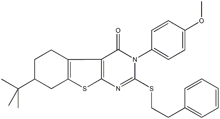 7-tert-butyl-3-(4-methoxyphenyl)-2-[(2-phenylethyl)sulfanyl]-5,6,7,8-tetrahydro[1]benzothieno[2,3-d]pyrimidin-4(3H)-one Struktur