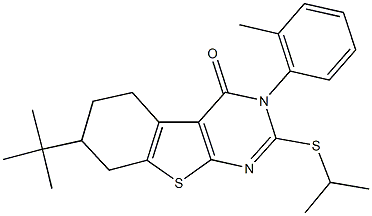 7-tert-butyl-2-(isopropylsulfanyl)-3-(2-methylphenyl)-5,6,7,8-tetrahydro[1]benzothieno[2,3-d]pyrimidin-4(3H)-one Struktur